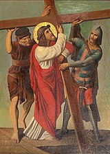 Jezus geholpen door Simon van Cyrene, 19e eeuwse Braziliaanse afbeelding  