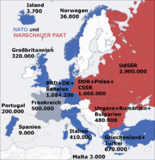 Troop strength of NATO member countries with contingents from the USA and Canada and Warsaw Pact countries in Europe 1973