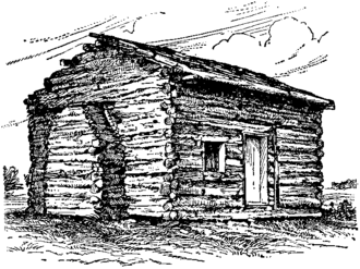 Desenho do local de nascimento da cabana de Abraham Lincoln, no Kentucky. Kit Carson e Lincoln nasceram ambos em cabines de toras em 1809.