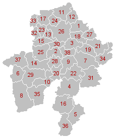 Mapa dos municípios de Namur (os nomes estão na tabela a seguir)