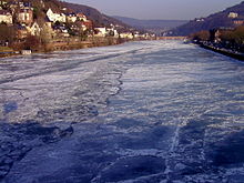 View of the frozen Neckar River and the Neuenheimer Ufer, the Old Bridge and Heidelberg's Old Town, February 2012