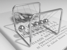 Animație a leagănului lui Newton din cartea lui Newton Principia Mathematica.  
