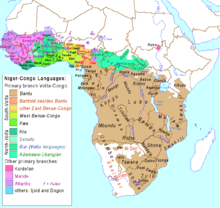 Mapa mostrando a localização de subgrupos do Níger Congo e importantes idiomas únicos daquela família