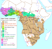 Mappa che mostra la localizzazione dei sottogruppi del Niger Congo e importanti lingue singole di questa famiglia