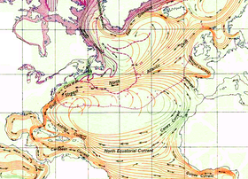 De Sargasso Zee in de Noord-Atlantische Oceaan wordt begrensd door de Golfstroom in het westen, de Noord-Atlantische Stroom in het noorden, de Canarische Stroom in het oosten en de Noordelijke Equatoriale Stroom in het zuiden.