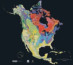Pohjois-Amerikan geologinen kartta, värikoodattu iän mukaan. Punaiset ja vaaleanpunaiset merkitsevät arkeeista kiveä.  
