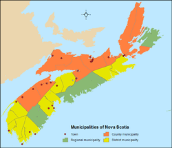 Distribuição dos 50 municípios da Nova Escócia por tipo de status municipal