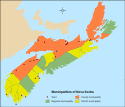 Nova Scotian 50 kunnan jakautuminen kunta-aseman tyypin mukaan.  