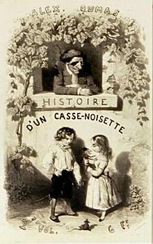 Titelpagina van de Alexandre Dumas vertaling van het verhaal met Clara, Fritz en Drosselmeyer erop. Het ballet was gebaseerd op deze vertaling.  