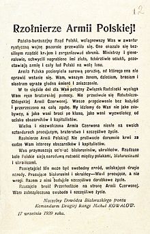 Soviet appeal to Polish soldiers of September 17, 1939, blaming the war on the Polish government