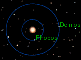 A Phobos és a Deimos pályája (méretarányosan), a Mars fölött látva