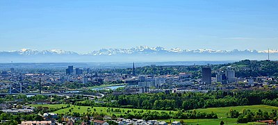 Panorama of Linz, looking southwest. In the background the Eastern Alps with, on the far right, the Dachstein