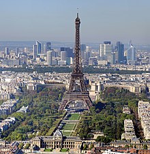 Eiffel Tower seen from the Tour Montparnasse with the Champ de Mars and the École Militaire to the southeast