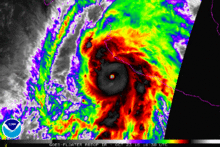 Patricia at landfall on 23 October (satellite images in the visible and infrared range, false color display)