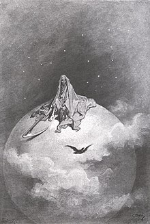 Самаел, наричан в съвременната попкултура още "мрачния жътвар", седи забулен с косер в ръка на върха на света.  