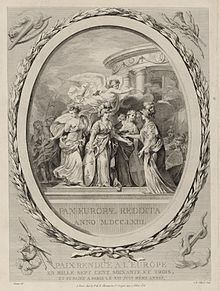 Allegorical copper engraving: The peace restored to Europe in 1763. In front of the temple of Janus the personifications of France and Great Britain exchange olive branches under the supervision of Europe (right), while on the left Pax rushes over.