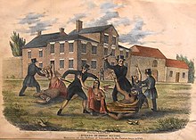 Клане на индианците в Ланкастър от момчетата на Пакстън през 1763 г., литография, публикувана в "Събития в историята на индианците" (John Wimer, 1841 г.).  