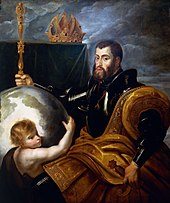 "Allegory of Emperor Charles V as Ruler of the World" (painting by Peter Paul Rubens, c. 1604). The saying: "In my kingdom the sun never sets" is attributed to Charles V.