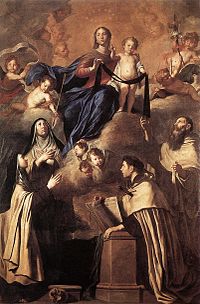 Pietro Novelli, Onze-Lieve-Vrouw van de Berg Karmel en karmelietessen (Simon Stock (staand), Angelus van Jeruzalem (knielend), Maria Magdalena de'Pazzi, Teresa van Avila), 1641 (Museo Diocesano, Palermo).  