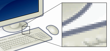 Pixely na obrázku počítače.  