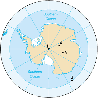 1. Polo Geográfico Sur2 . Polo Magnético Sur (2007)3 . Polo Geomagnético Sur (2005)4 . Polo Sur de Inaccesibilidad