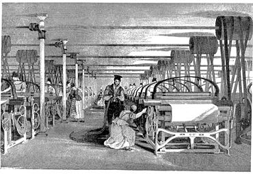 Un métier à tisser dans un atelier de tissage en 1835.