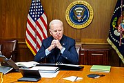 Biden in Camp David na een gesprek met president Vladimir Poetin over Oekraïne, februari 2022  