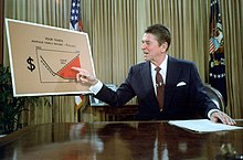 Reagan geeft een televisietoespraak vanuit het Oval Office over zijn economisch plan, Reaganomics, juli 1981.  