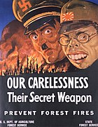Propaganda tegen bosbranden uit de Tweede Wereldoorlog, met karikaturen van Adolf Hitler en Hideki Tōjō.  