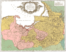 This subsequently coloured map of Prussia from 1751 shows the ownership structure of Prussia as it existed between 1525 (creation of the Duchy of Prussia) and 1772 (First Polish Partition): the Duchy (later Kingdom) of Prussia and Pomerania are coloured yellow, and the royal Prussia under Polish sovereignty is coloured pink.