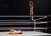 Punk osoittaa kunnioitusta "Macho Man" Randy Savagelle ennen kuin hän tekee kyynärpään pudotuksen Alberto Del Riolle  