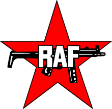 Logo of the RAF: a HK MP5 submachine gun in front of a red star