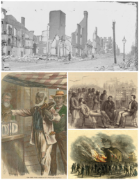 Foto uit de tijd van de wederopbouw, twee foto's van Harpers Weekly over de wederopbouw en een foto van het Freedmen's Bureau.  