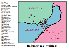 Locatie van de belangrijkste jezuïetenreducties, met de huidige politieke verdelingen.  