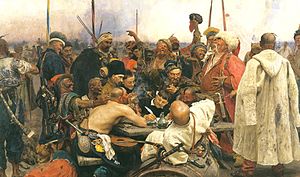 Une peinture représentant des cosaques ukrainiens. Peint par Ilya Repin de 1880 à 1891.