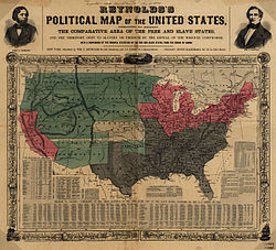 Deze kaart uit 1856 toont slavenstaten (grijs), vrije staten (roze), Amerikaanse gebieden (groen), en Kansas in het midden (wit) met de parallel 36°30′ noord prominent aangegeven.  