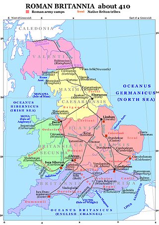 Roomalainen Wales vuonna 410 jKr., jolloin roomalaiset kutsuivat sitä "Britannia secundaksi" (vihreä väri).  