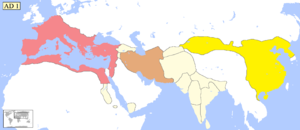 AD 1, kaart van Eurazië met het Romeinse Rijk (rood), het Parthische Rijk (bruin), de Chinese Han-dynastie (geel) en andere staten/gebieden met kleinere staten (lichtgeel)