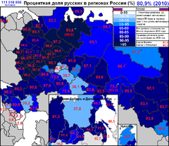Etnisten venäläisten prosenttiosuus liittovaltion aihealueittain.  