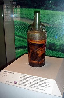 Roman wine, Speyer around 325, found in the ground in 1867, considered to be the oldest preserved grape wine in the world (Historical Museum of the Palatinate, Speyer)