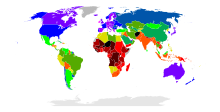 Izkrvavitev po porodu je najpogostejša v državah, ki so na tem zemljevidu obarvane črno in rdeče. Najmanj pogosta je v državah, obarvanih modro in vijolično.