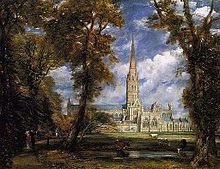 Salisbury Cathedral door John Constable, ca. 1825. Als blijk van waardering voor John Fisher, de bisschop van Salisbury die opdracht gaf voor dit schilderij, heeft Constable de bisschop en zijn vrouw in het doek opgenomen (linksonder).