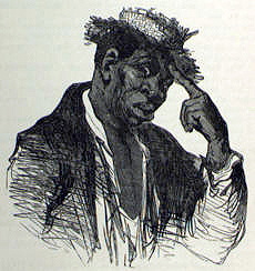 Illustratie van Sam uit de "New Edition" van Uncle Tom's Cabin uit 1888. Het karakter van Sam droeg bij aan het stereotype van de luie, zorgeloze "happy darky".  