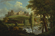 18th century illustration of Ludlow Castle by Samuel Scott. The painting was made between 1765 and 1769 before landscaping on the estate.