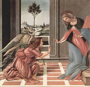 Sandro Botticelli's Annunciatie, geschilderd van 1489-1490, is een voorbeeld van Quattrocento kunst.  