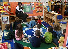 Een lerares en haar leerlingen in een klaslokaal van een basisschool  