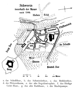 City map of Schwerin after the construction of the city wall in 1340
