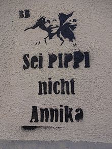 Stencil graffito in Munich, 2016: The non-conformist children's book character Pippi Longstocking by Astrid Lindgren stands for a breakout from gender roles.