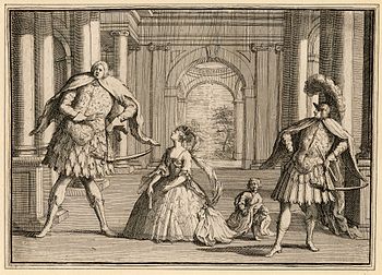 Una caricatura di una rappresentazione del Flavio di Handel, con tre dei più noti cantanti d'opera seria del loro tempo: il castrato Senesino a sinistra, Francesca Cuzzoni al centro e il castrato Gaetano Berenstadt a destra.
