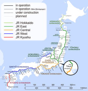 Shinkanseni võrgustiku kaart